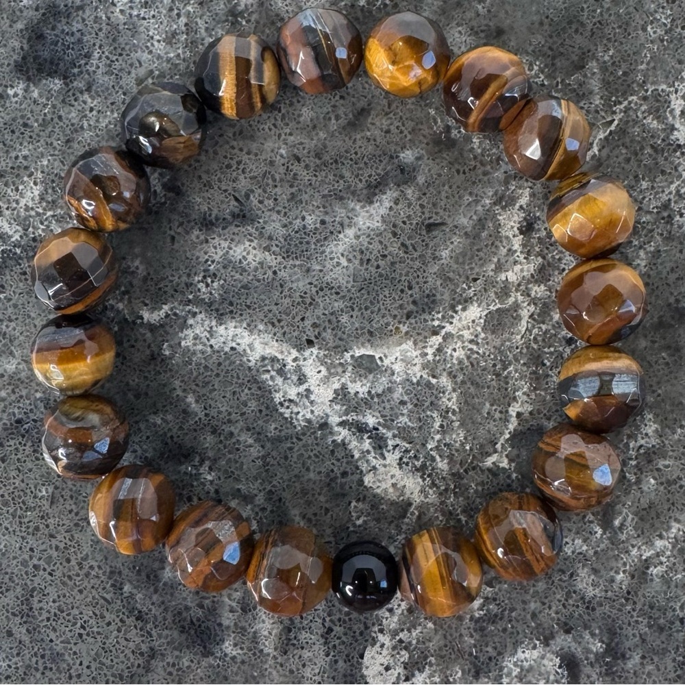 Hand Crafted Faceted Tiger Eye Stretch Bracelet Brown 6.75" Beaded NWT - Picture 2 of 12